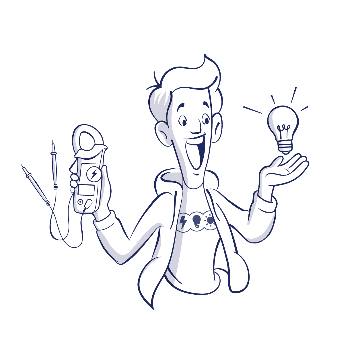 Voltaïk, la mascotte de GSE (on voit un électricien qui sourit avec un multimètre dans une main et une ampoule éclairée dans l'autre) personnage type bande dessinée sympathique